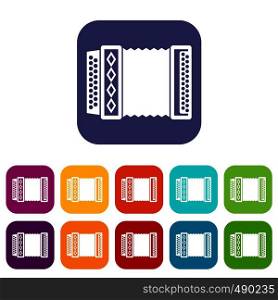 Accordion icons set vector illustration in flat style in colors red, blue, green, and other. Accordion icons set