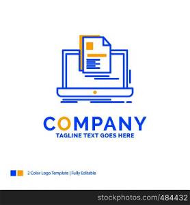 account, Laptop, Report, Print, Resume Blue Yellow Business Logo template. Creative Design Template Place for Tagline.