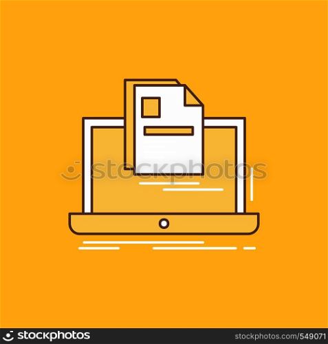 account, Laptop, Report, Print, Resume Flat Line Filled Icon. Beautiful Logo button over yellow background for UI and UX, website or mobile application. Vector EPS10 Abstract Template background