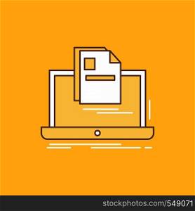 account, Laptop, Report, Print, Resume Flat Line Filled Icon. Beautiful Logo button over yellow background for UI and UX, website or mobile application. Vector EPS10 Abstract Template background