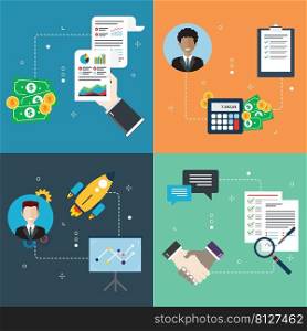 Accountancy, finance, calculating, tax, startup and business icons. Concepts of accountancy balance, calculating tax, startup strategy and contract business. Flat design icons in vector illustration.