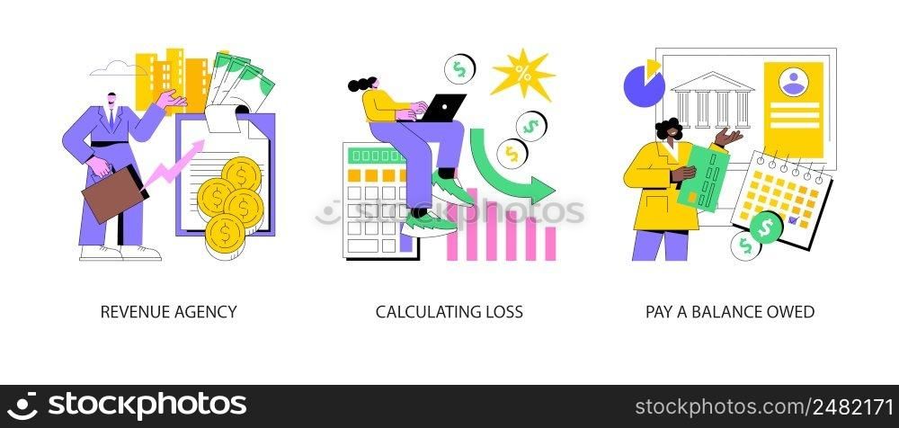 Accountancy service abstract concept vector illustration set. Revenue agency, calculating loss, pay a balance owed, payroll account, tax law, calculate expenses, taxpayer bill abstract metaphor.. Accountancy service abstract concept vector illustrations.