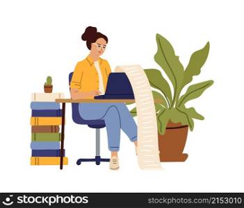 Accountant character. Woman writing on computer, long checklist. Writer or journalist, student study at desk. Tired creative girl works vector concept. Illustration accountant character, bookkeeper woman. Accountant character. Woman writing on computer, long checklist. Writer or journalist, student study at desk. Tired creative girl works vector concept