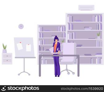 Accountant in work office. Female character in stylish purple suit reads financial statements in office modern style of decor and furniture executive employee performs the assigned vector tasks.. Accountant in work office. Female character in stylish purple suit reads financial statements in office modern style.