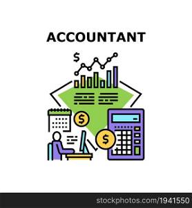 Accountant Job Vector Icon Concept. Accountant Job For Counting Income And Expenses, Prepare Annual Financial Report And Account Company Budget And Capital. Accounting Balance Color Illustration. Accountant Job Vector Concept Color Illustration