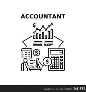 Accountant Job Vector Icon Concept. Accountant Job For Counting Income And Expenses, Prepare Annual Financial Report And Account Company Budget And Capital. Accounting Balance Black Illustration. Accountant Job Vector Concept Black Illustration