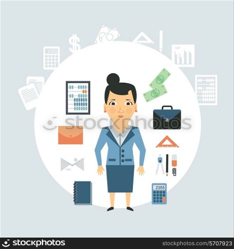 Accountant of working things illustration. Flat modern style vector design