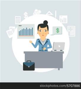 accountant sitting behind a desk illustration. Flat modern style vector design