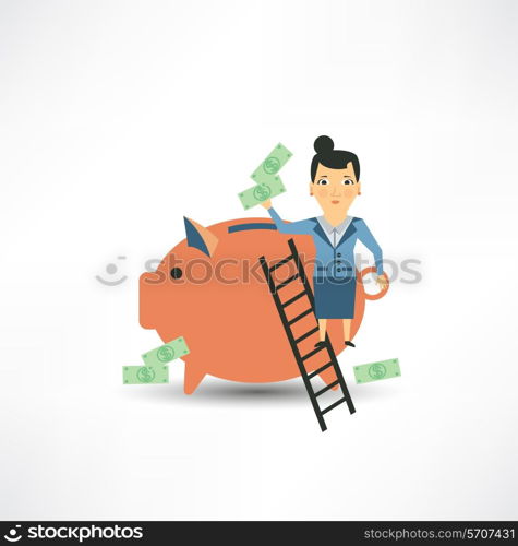 Accountant throws money into a pig