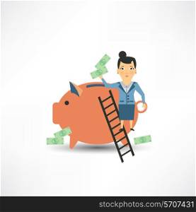 Accountant throws money into a pig