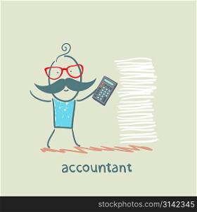 accountant with a calculator and a stack of documents