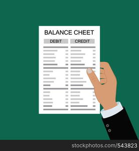 Accountant with report and a calculator checks money balance. Financial reports statement and documents. Accounting, bookkeeping, audit debit and credit calculations. Vector illustration in flat style