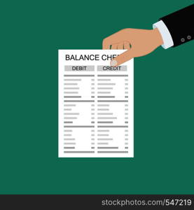 Accountant with report and a calculator checks money balance. Financial reports statement and documents. Accounting, bookkeeping, audit debit and credit calculations. Vector illustration in flat style