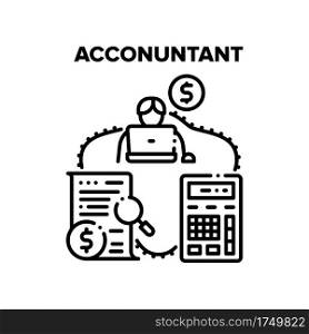 Accountant Work Vector Icon Concept. Accountant Worker Using Calculator For For Calculate Finance Money Income And Expense, Researching Financial Report And Tax List Black Illustration. Accountant Work Vector Black Illustrations