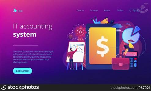 Accountants work with financial transactions software and tablet. Enterprise accounting, IT accounting system, smart enterprise tools concept. Website vibrant violet landing web page template.. Enterprise accounting concept landing page.