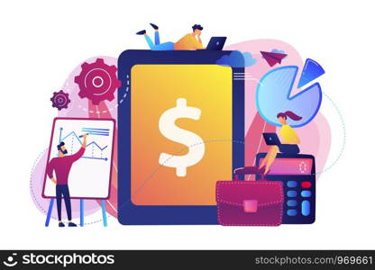 Accountants work with financial transactions software and tablet. Enterprise accounting, IT accounting system, smart enterprise tools concept. Bright vibrant violet vector isolated illustration. Enterprise accounting concept vector illustration.