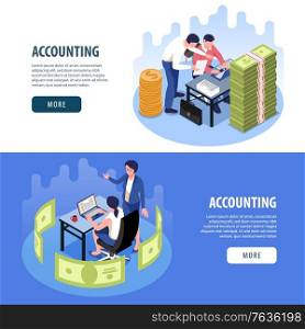 Accounting 2 horizontal isometric web page banners with financial planing audit tax collection banknotes pile vector illustration