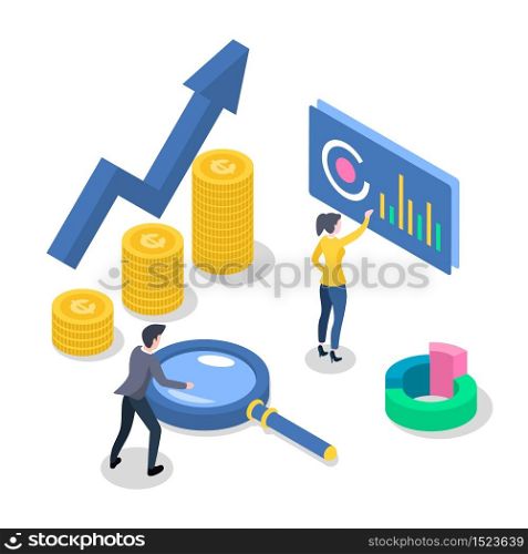 Accounting and audit isometric color vector illustration. Revenue increase. Economic growth. Workers developing business plan. Data analysis and statistics. 3d concept isolated on white background