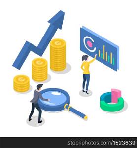 Accounting and audit isometric color vector illustration. Revenue increase. Economic growth. Workers developing business plan. Data analysis and statistics. 3d concept isolated on white background