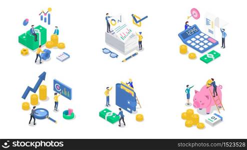 Accounting and audit isometric color vector illustration set. Business analytics and planning. Salary payment. Saving money. Banking. Bookkeeping. Investment. 3d concept isolated on white background