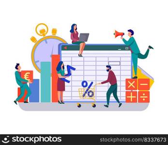 Accounting app vector illustration. Professionals working on financial reports, analyzing data sheet. Team of accountant using bookkeeping software