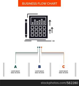 Accounting, audit, banking, calculation, calculator Business Flow Chart Design with 3 Steps. Glyph Icon For Presentation Background Template Place for text.. Vector EPS10 Abstract Template background