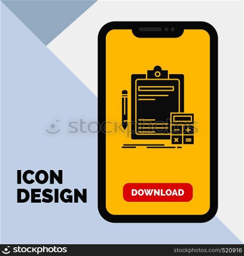 Accounting, banking, calculator, finance, Audit Glyph Icon in Mobile for Download Page. Yellow Background. Vector EPS10 Abstract Template background