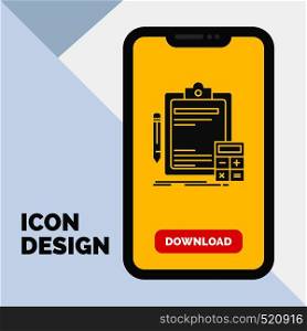 Accounting, banking, calculator, finance, Audit Glyph Icon in Mobile for Download Page. Yellow Background. Vector EPS10 Abstract Template background