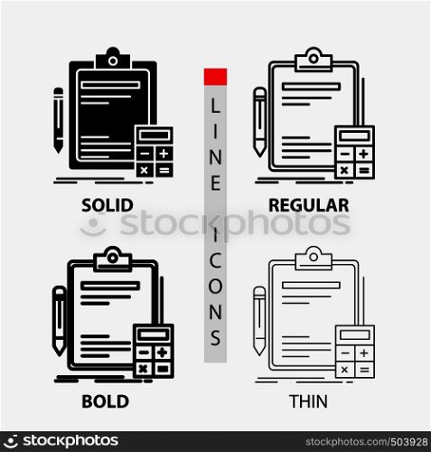 Accounting, banking, calculator, finance, Audit Icon in Thin, Regular, Bold Line and Glyph Style. Vector illustration. Vector EPS10 Abstract Template background