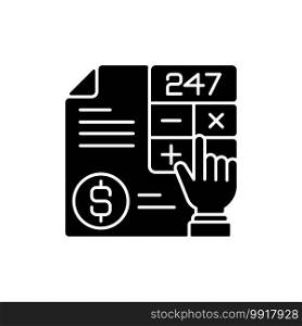Accounting black glyph icon. Measurement and processing of financial information about economic entities in businesses and corporations. Silhouette symbol on white space. Vector isolated illustration. Accounting black glyph icon