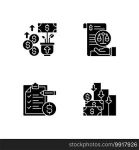 Accounting black glyph icons set on white space. Increasing cash assets of your business. Mananging bank account of company. Cash flow view. Silhouette symbols. Vector isolated illustration. Accounting black glyph icons set on white space