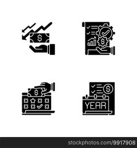 Accounting black glyph icons set on white space. Mananging business bank accounts. Financial plan for company. Paying employees money for their work. Silhouette symbols. Vector isolated illustration. Accounting black glyph icons set on white space