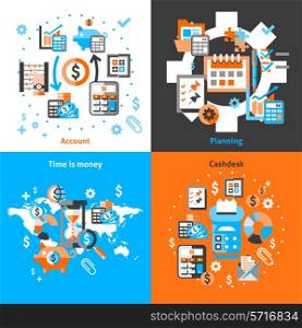 Accounting black icons set with planning time is money cashdesk isolated vector illustration