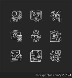 Accounting chalk white icons set on black background. Company and business financial transactions management during specific period of time. Isolated vector chalkboard illustrations. Accounting chalk white icons set on black background
