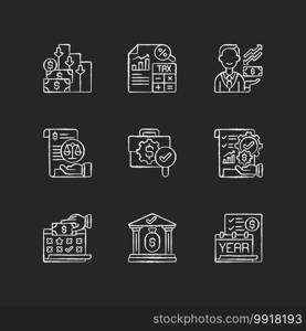 Accounting chalk white icons set on black background. Making financial report during financial period. Controlling cash flow in company. Isolated vector chalkboard illustrations. Accounting chalk white icons set on black background