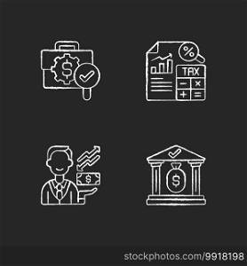 Accounting chalk white icons set on black background. Mananging business bank accounts. Financial plan for company. Paying employees money for their work. Isolated vector chalkboard illustrations. Accounting chalk white icons set on black background