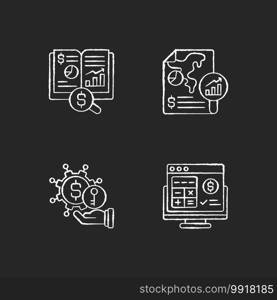 Accounting chalk white icons set on black background. Tax accounting of business. Place to store all company financial assets. Controlling every process. Isolated vector chalkboard illustrations. Accounting chalk white icons set on black background