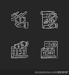 Accounting chalk white icons set on black background. Turnkey finance functions of company. Financial methods of controlling business budget. Isolated vector chalkboard illustrations. Accounting chalk white icons set on black background