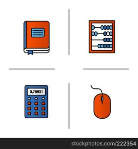 Accounting color icons set. Bookkeeper's journal, abacus, calculator, computer mouse. Isolated vector illustrations. Accounting color icons set