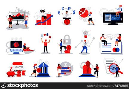Accounting color set of isolated images with human characters financial graphs and pictograms on blank background vector illustration