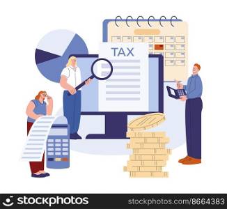 Accounting concept. Tax account and financial application. People count money, business and bills. Young business, job audit inspection kicky vector. Illustration of finance accounting application. Accounting concept. Tax account and financial application. People count money, business and bills. Young business, job audit inspection kicky vector scene