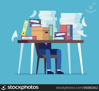 Accounting documents piles. Unorganized office work concept. Cartoon man sitting at table with heaps of paper sheets and folders. Time management failure. Ineffective workflow, vector unfinished job. Accounting documents piles. Unorganized office work concept. Man sitting at table with heaps of papers and folders. Time management failure. Ineffective workflow, vector unfinished job