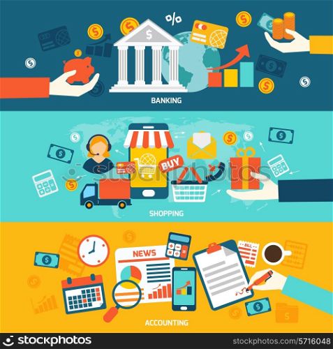 Accounting flat banners set with banking shopping and finance elements isolated vector illustration.