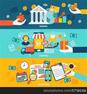 Accounting flat banners set with banking shopping and finance elements isolated vector illustration.