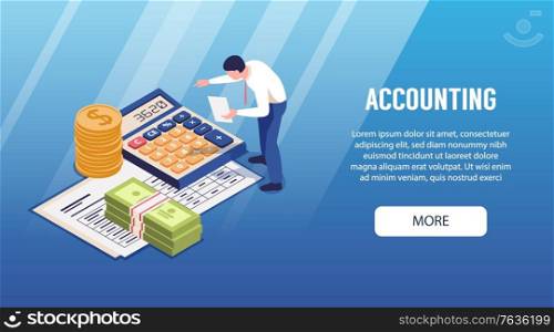 Accounting horizontal isometric web landing page banner with financial report analyzing calculator banknotes coins piles vector illustration