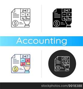 Accounting icon. Measurement and processing of financial information about economic entities in businesses and corporations. Linear black and RGB color styles. Isolated vector illustrations. Accounting icon