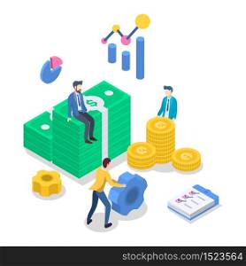 Accounting isometric color vector illustration. Financial audit. Budget management. Business strategy. Investment. Banking. Bookkeeping. People counting money. 3d concept isolated on white