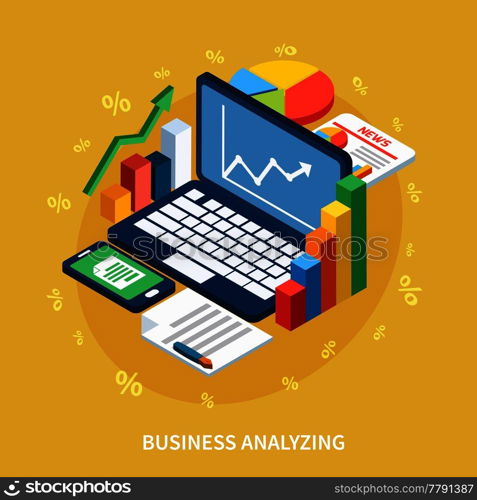 Accounting isometric composition with images of laptop smartphone and colourful circular and rectangular graphs and percentage symbols vector illustration. Laptop Accounting Isometric Composition