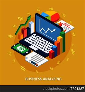 Accounting isometric composition with images of laptop smartphone and colourful circular and rectangular graphs and percentage symbols vector illustration. Laptop Accounting Isometric Composition