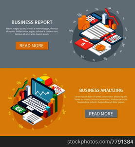 Accounting isometric horizontal banners collection with images of business organizer items laptop and financial graphs with text vector illustration. Business Analytics Banners Set